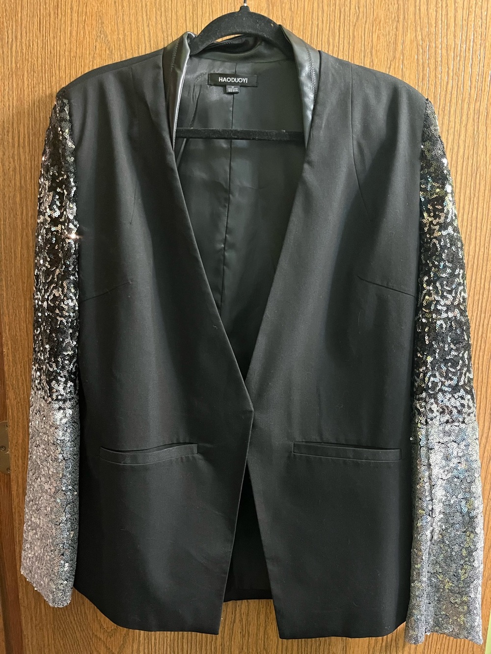 HAODUOYI Black Blazer with Silver Ombre Sequin Sleeves